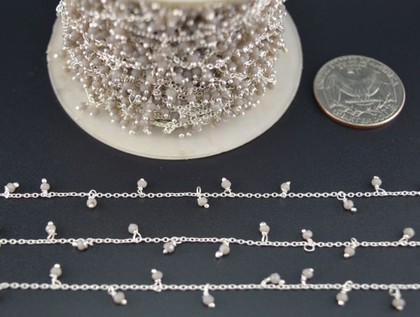 925 Sterling Silver Gold  Rosary Chain With Gray chalcedony in 2mm Size -Sold By foot, ROS2-6079