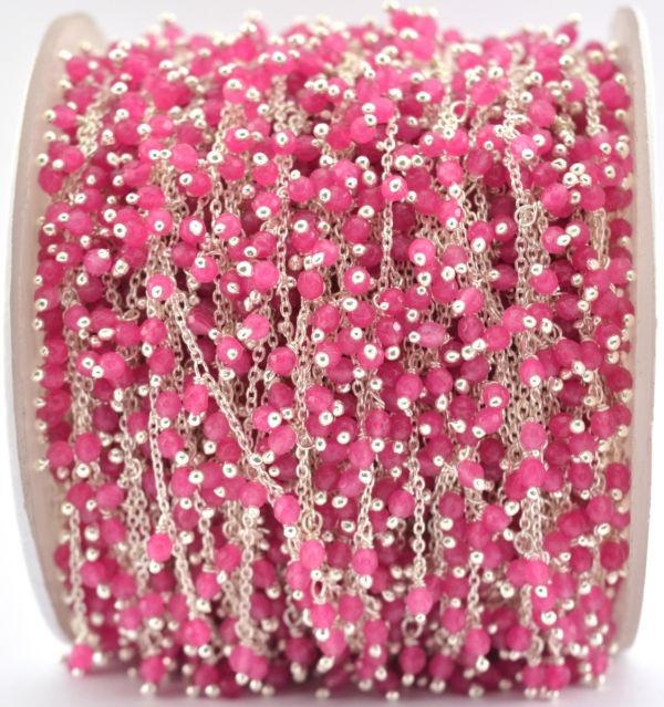 925 Sterling Silver Gold Hot pink chalcedony Rosary Chain - 2mm ,ROS2-6094 