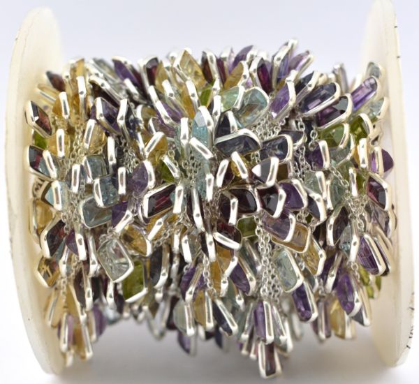 925 Sterling Silver Gold Chain in Multi Stone - 6.00x4.00 mm, ROS2-6421 