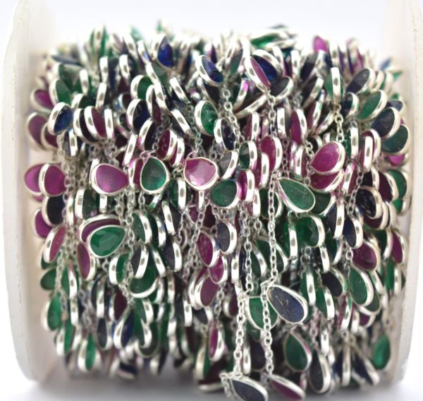  Lovely 925 Sterling Silver Gold Chain in Multi Emerald, Ruby, And Sapphire - 6.00 x 4.00 mm,ROS2-6438