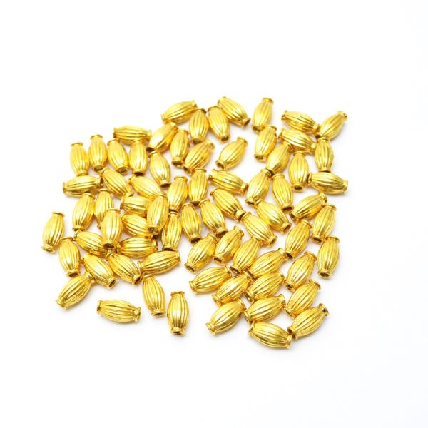 18K Solid Yellow Gold Rice Drum Shape Plain Lining Finishing 9X5mm Bead, SGTAN-0287, Sold By 1 Pcs.