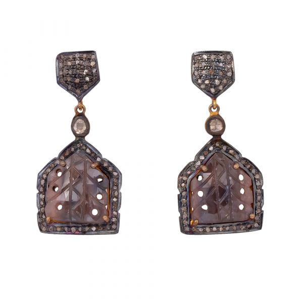 Victorian Jewelry, Silver Diamond Earring With Rose Cut Diamond And Polki Diamond, Sapphire Stone Studded In 925 Sterling Silver Gold Plating. J-151