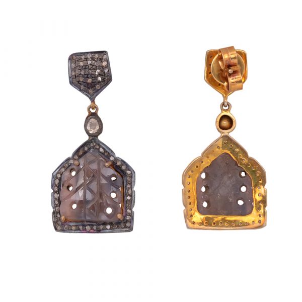 Victorian Jewelry, Silver Diamond Earring With Rose Cut Diamond And Polki Diamond, Sapphire Stone Studded In 925 Sterling Silver Gold Plating. J-151