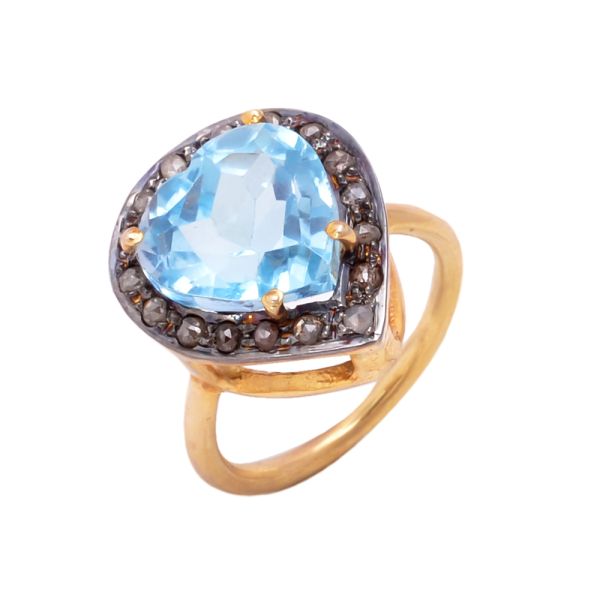 925 Sterling Silver Gold Plated Diamond Ring Antique Victorian Style With Natural Blue Topaz Stone Studded J 165