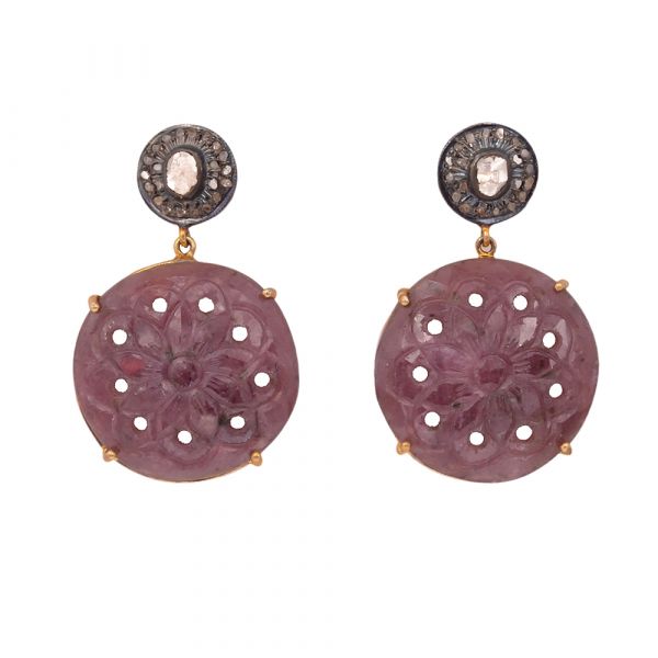 Victorian Jewelry, Silver Diamond Earring With Polki  Diamond And Sapphire Stone Studded In 925 Sterling Silver Gold Plating. J-177