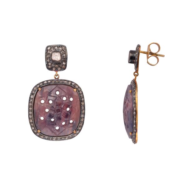 Victorian Jewelry, Silver Diamond Earring With Polki Diamond And Sapphire Stone Studded In 925 Sterling Silver Gold Plating. J-497