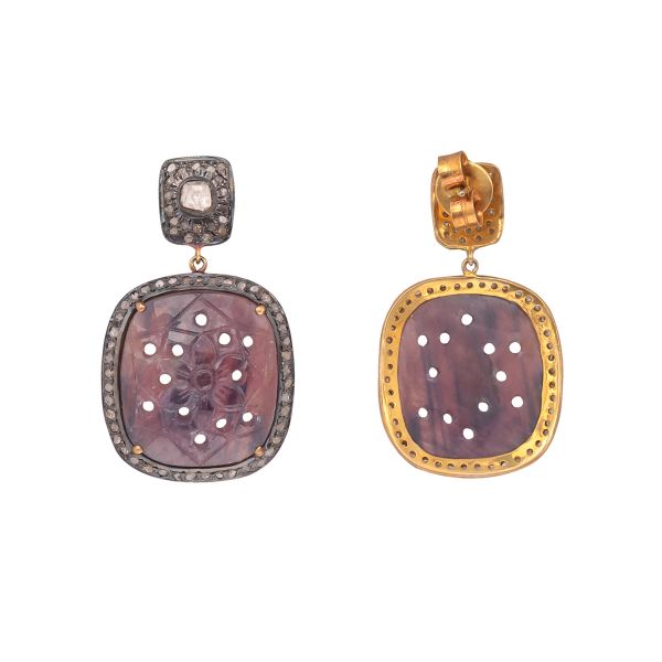 Victorian Jewelry, Silver Diamond Earring With Polki Diamond And Sapphire Stone Studded In 925 Sterling Silver Gold Plating. J-497