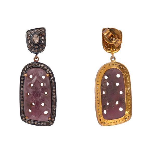 Victorian Jewelry, Silver Diamond Earring With Sapphire Stone And Polki Diamond Studded In 925 Sterling Silver Gold Plating. J-521