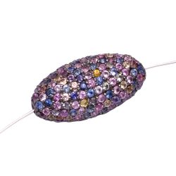925 Sterling Silver Oval Shape, Pave Diamond Bead With Natural Multi Sapphire Stone