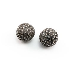 925 Sterling Silver Round Ball Shape Pave Diamond Bead, (16.00x15.00mm).