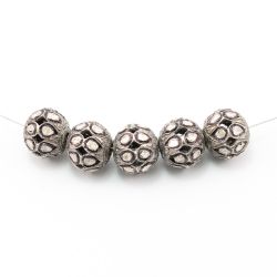 925 Sterling Silver Pave Diamond Beads with Polki Diamond, Roundel Shape-12.00x13.00mm, Black/White Rhodium Plating. Sold By 1 Pcs, F-1487