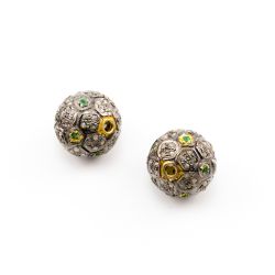 925 Sterling Silver Pave Diamond Beads with Emerald Stone, Round Ball Shape-14.00mm, Gold And Black Rhodium Plating. Sold By 1 Pcs, F-1659