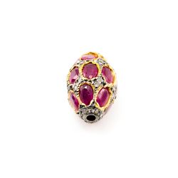 925 Sterling Silver Pave Diamond Bead with Ruby Stone, Drum Shape-21.00x13.50mm, Gold And Black Rhodium Plating. Sold By 1 Pcs, F-2109