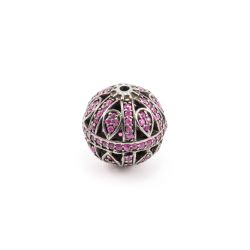 925 Sterling Silver Round Ball Shape Pave Diamond Bead With Natural Ruby Stone.