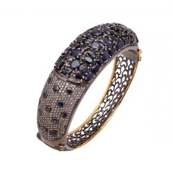 925 Sterling Silver Diamond Bangle In Rose Cut Diamond Studded With Blue Sapphire Stone - J-1093