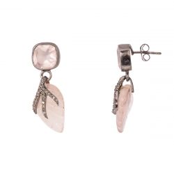 Victorian Jewelry, Silver Diamond Earring With Rose Cut Diamond And Rose Quartz Stone Studded  In 925 Sterling Silver Black Rhodium Plating. J-1317 A