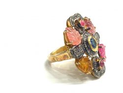 Victorian Jewelry, Diamond Ring With Rose Cut Diamond, Sapphire, And Multi Tourmaline Stone Studded In 925 Sterling Silver Gold, Black Rhodium Plating. J-1524