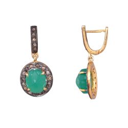 Victorian Jewelry, Silver Diamond Earing With Rose Cut Diamond And Green Onyx In 925 Sterling Silver Gold, Black Rhodium Plating