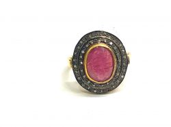 Victorian Jewelry, Silver Diamond Ring With Rose Cut Diamond And Ruby Stone Studded In 925 Sterling Silver Gold, Black Rhodium Plating. J-1852