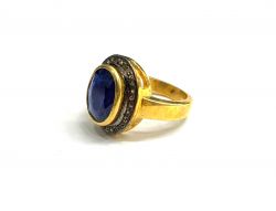 Victorian Jewelry, Silver Diamond Ring With Rose Cut Diamond And Kyanite Stone Studded  In 925 Sterling Silver Gold, Black Rhodium Plating. J-1932