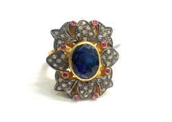 Victorian Jewelry, Silver Diamond Ring With Rose Cut Diamond And Kyanite Stone Studded  In 925 Sterling Silver Gold, Black Rhodium Plating. J-1954
