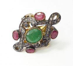 Victorian Style 925 Sterling Silver Ring Diamond With Natural Ruby, Emerald, Sapphire Stone Studded In Gold, Black Rhodium. J-1986