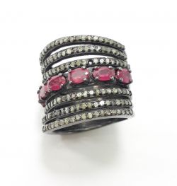 Victorian Style 925 Sterling Silver Ring With Natural Diamond And Ruby Stone Studded In Black Rhodium. J-1996