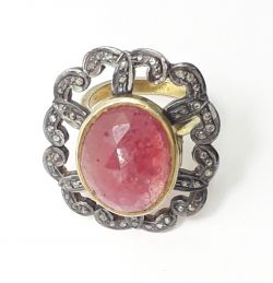 Victorian Style 925 Sterling Silver Ring With Natural Diamond And Ruby Stone Studded In Gold, Black Rhodium. J-2003