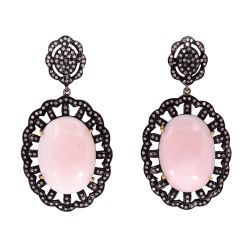  925 Sterling Silver Diamond Earring With Pink Agate Stone and Natural Diamonds   - J-2035