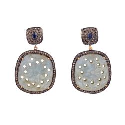  925 Sterling Silver Diamond Earring-  Natural Kyanite, Sapphire  Stone  - J-2079