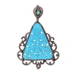 925 Sterling Silver Diamond Pendant Studded With Antique, Natural Turquoise - J-321