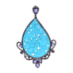 925 Sterling Silver Diamond Pendant - Antique,  Natural Turquoise -  J-339 