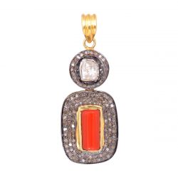925 Sterling Silver Diamond Pendant in Antique , Natural Coral -  J-344