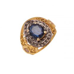 Victorian Jewelry, Silver Diamond Ring With Rose Cut Diamond And Kyanite, Pink Tourmaline  Stone Studded In 925 Sterling Silver Gold, Black Rhodium Plating. J-851