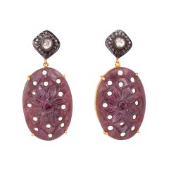 Victorian Jewelry, Diamond Earring With Polki Diamond And Sapphire Stone Studded In 925 Sterling Silver Gold Plating. J-114