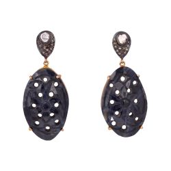 Victorian Jewelry, Diamond Earring With Rose Cut Diamond And Polki Diamond, Sapphire Stone Studded In 925 Sterling Silver Gold Plating. J-121