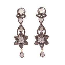 Victorian Jewelry, Silver Diamond Earring With Rose Cut Diamond And Polki Diamond In 925 Sterling Silver Gold Plating. J-210