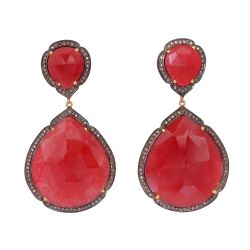 Victorian Jewelry, Silver Diamond Earring With Rose Cut Diamond And Red Carnelian Stone Studded In 925 Sterling Silver Gold Plating,J-256
