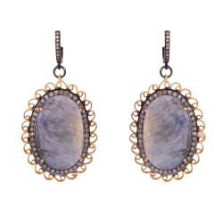 Victorian Jewelry, Silver Diamond Earring With Rose Cut Diamond And Sapphire Stone Studded In 925 Sterling Silver Gold And Black Rhodium Plated. j-45