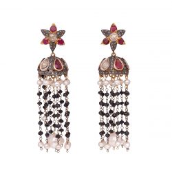 Victorian Jewelry, Silver Diamond Earring With Rose Cut Diamond, Polki, Ruby, Black Spinal And Pearl Studded In 925 Sterling Silver Gold, Black Rhodium Plating. J-473