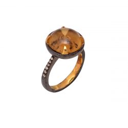 Victorian Jewelry, Silver Diamond Ring With Rose Cut Diamond And Citrine Studded In 925 Sterling Silver Gold, Black Rhodium Plating. J-689