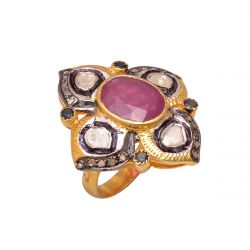 Victorian Jewelry, Silver Diamond Ring With Rose Cut Diamond, Polki Diamond, And Ruby, Kyanite Stone Studded In 925 Sterling Silver Gold, Black Rhodium Plating. J-834