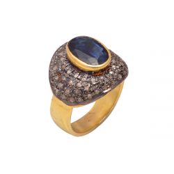 Victorian Jewelry, Silver Diamond Ring With Rose Cut Diamond, And Kyanite Stone Studded In 925 Sterling Silver Gold, Black Rhodium Plating. J-850