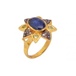 Victorian Jewelry, Silver Diamond Ring With Rose Cut Diamond, And Kyanite, Peridot Stone Studded In 925 Sterling Silver Gold, Black Rhodium Plating. J-866