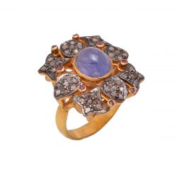 Victorian Jewelry, Silver Diamond Ring With Rose Cut Diamond And Tanzanite, Ruby Stone Studded In 925 Sterling Silver Gold, Black Rhodium Plating. J-998
