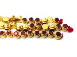 18K Solid Yellow Gold Round Shape Box Bead With Stone Studded, SGTAN-1083, Sold By 1 Pcs.