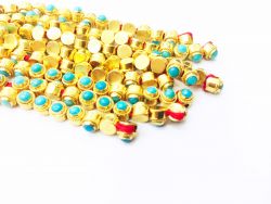 18K Solid Yellow Gold Round Shape 4,50X4,50X4,50 MM Bead With Natural Turquoise Stone, SGTAN-1087, Sold By 1 Pcs.