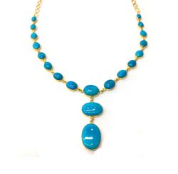  18K Solid Yellow Gold Oval Shape Natural Turquoise  Stone Necklace, SGTAN-1118, Sold By 1 Pcs.