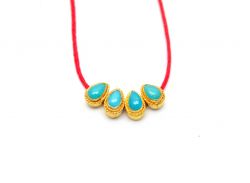18K Solid Yellow Gold Pear Shape Bead With Turquoise Stone Studded, (6,50x4,50x5mm), SGTAN-1177, Sold By 1 Pcs.