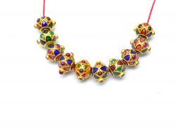18K Solid Yellow Gold Round Shape 10x8mm  Enamel Bead With Natural Emerald & Ruby Stone,  SGTAN-1192, Sold By 1 Pcs.